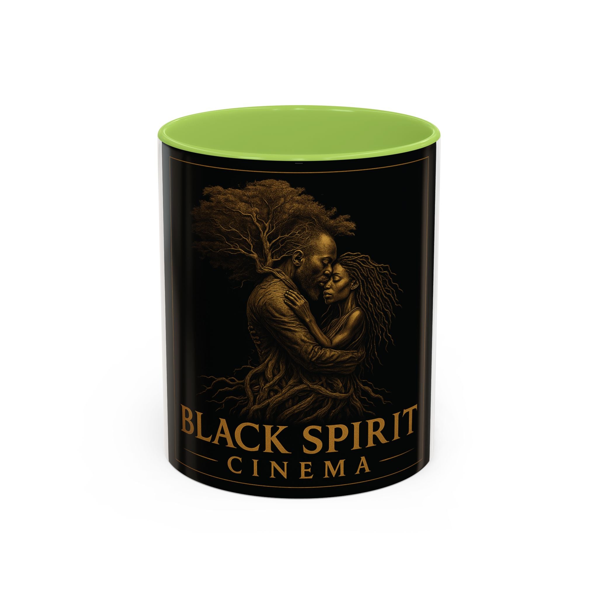 Black Spirit Cinema Accent Coffee Mug — Afrocentric Couple Art (11/15oz)