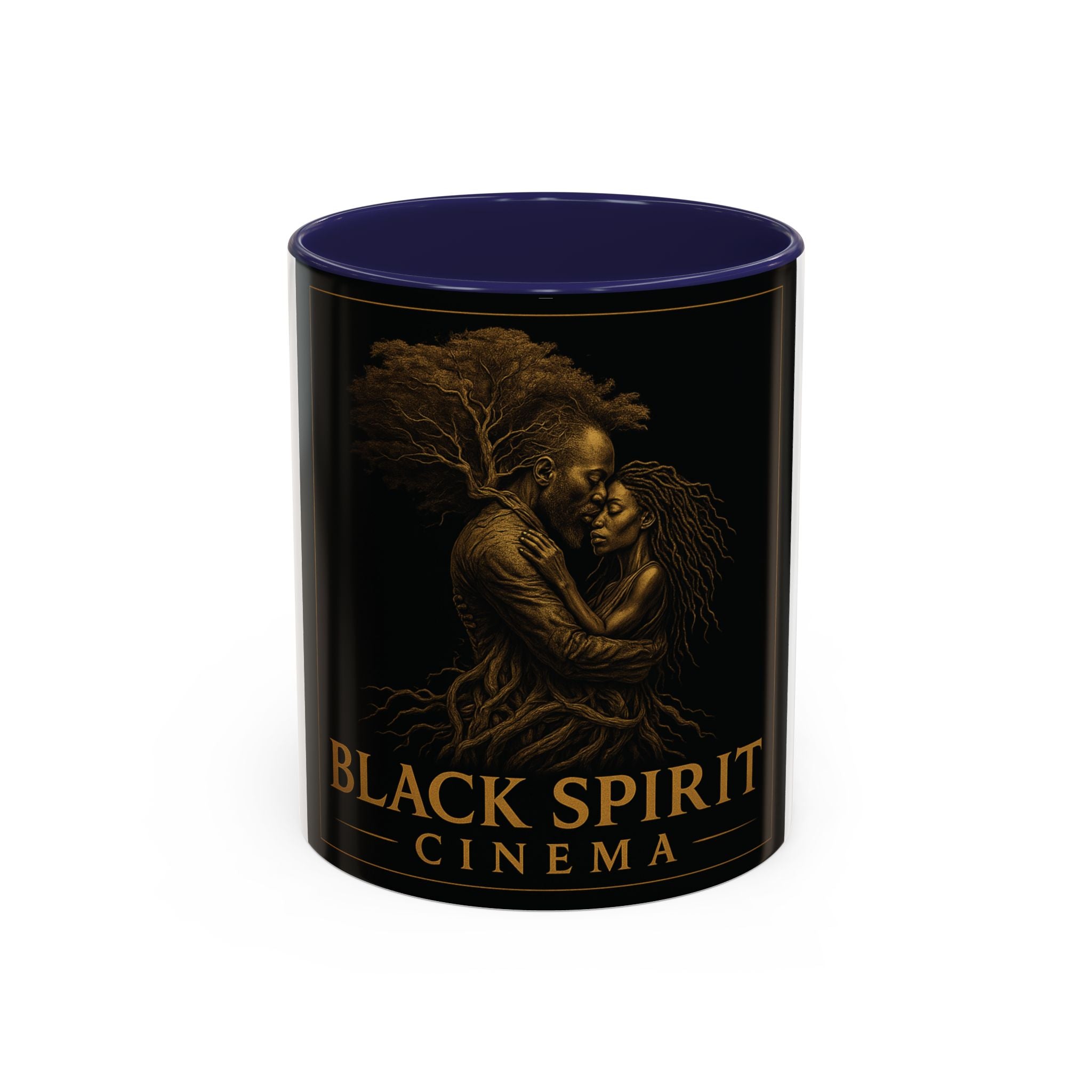 Black Spirit Cinema Accent Coffee Mug — Afrocentric Couple Art (11/15oz)
