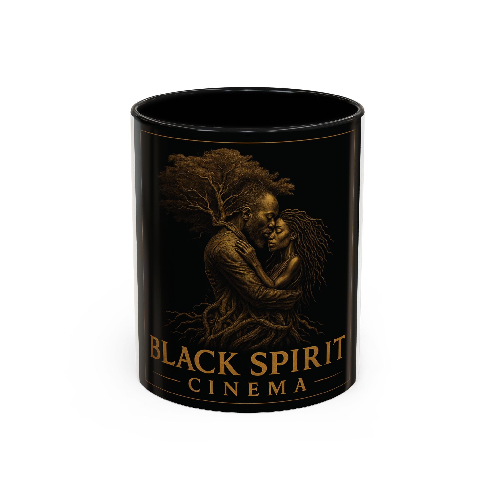 Black Spirit Cinema Accent Coffee Mug — Afrocentric Couple Art (11/15oz)