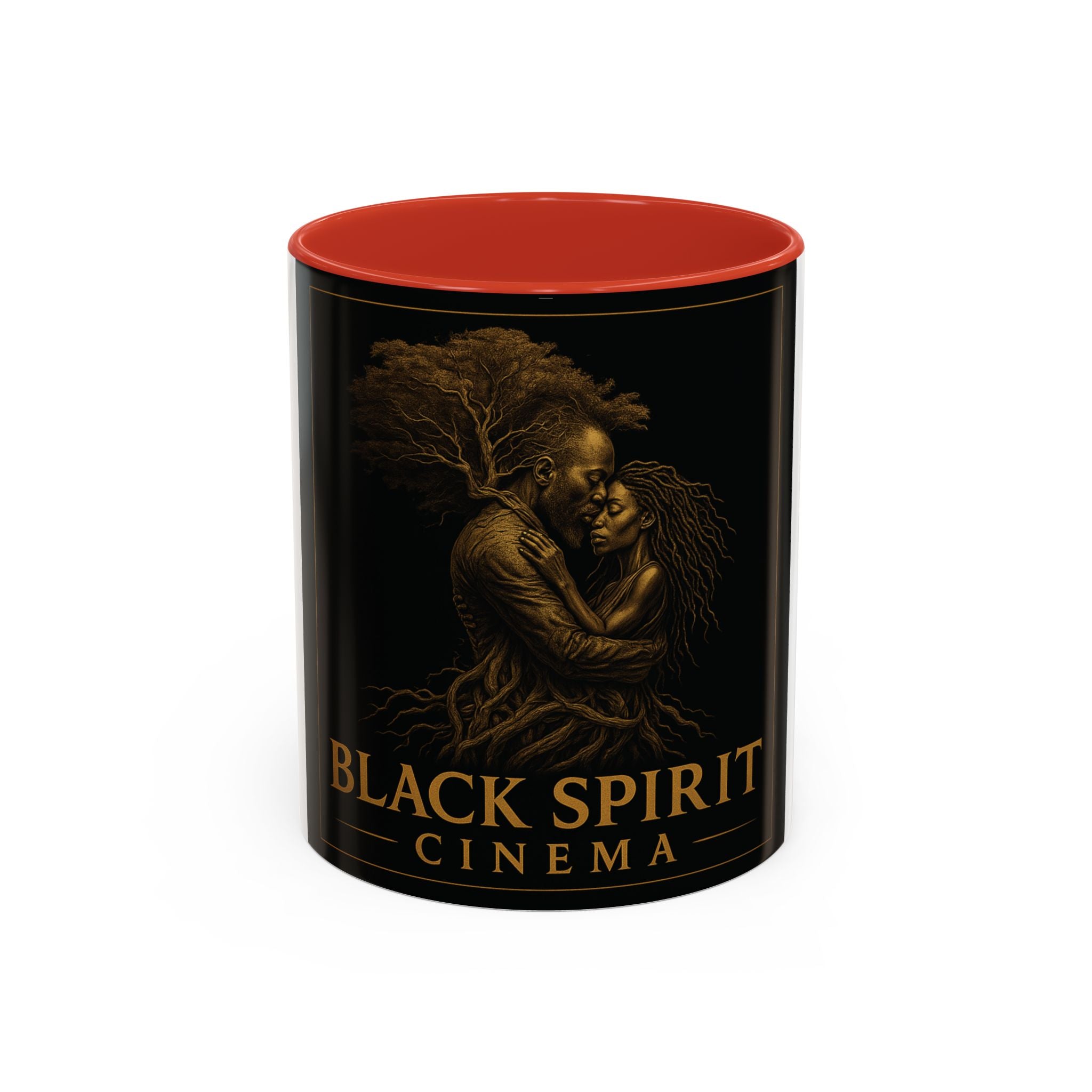 Black Spirit Cinema Accent Coffee Mug — Afrocentric Couple Art (11/15oz)
