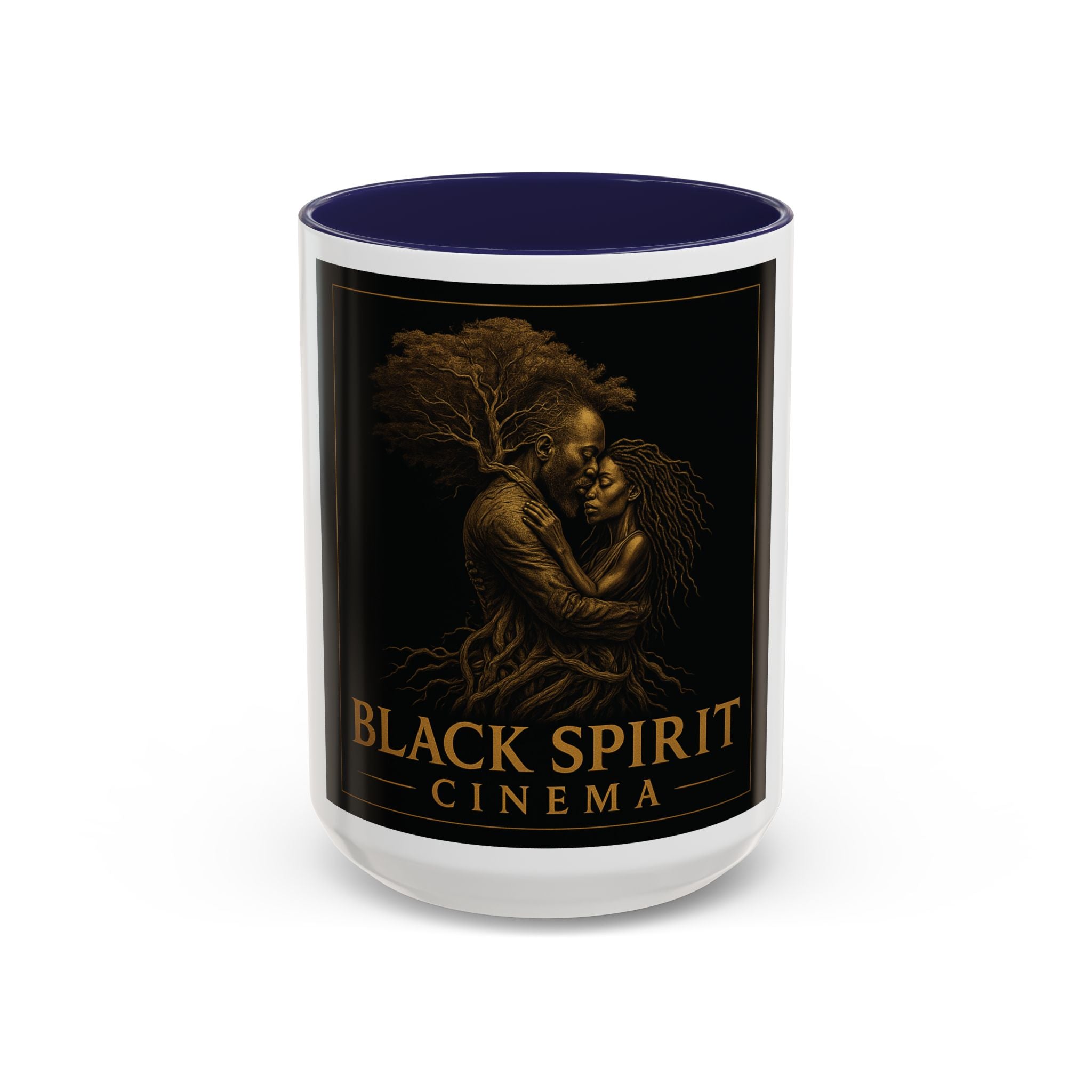 Black Spirit Cinema Accent Coffee Mug — Afrocentric Couple Art (11/15oz)