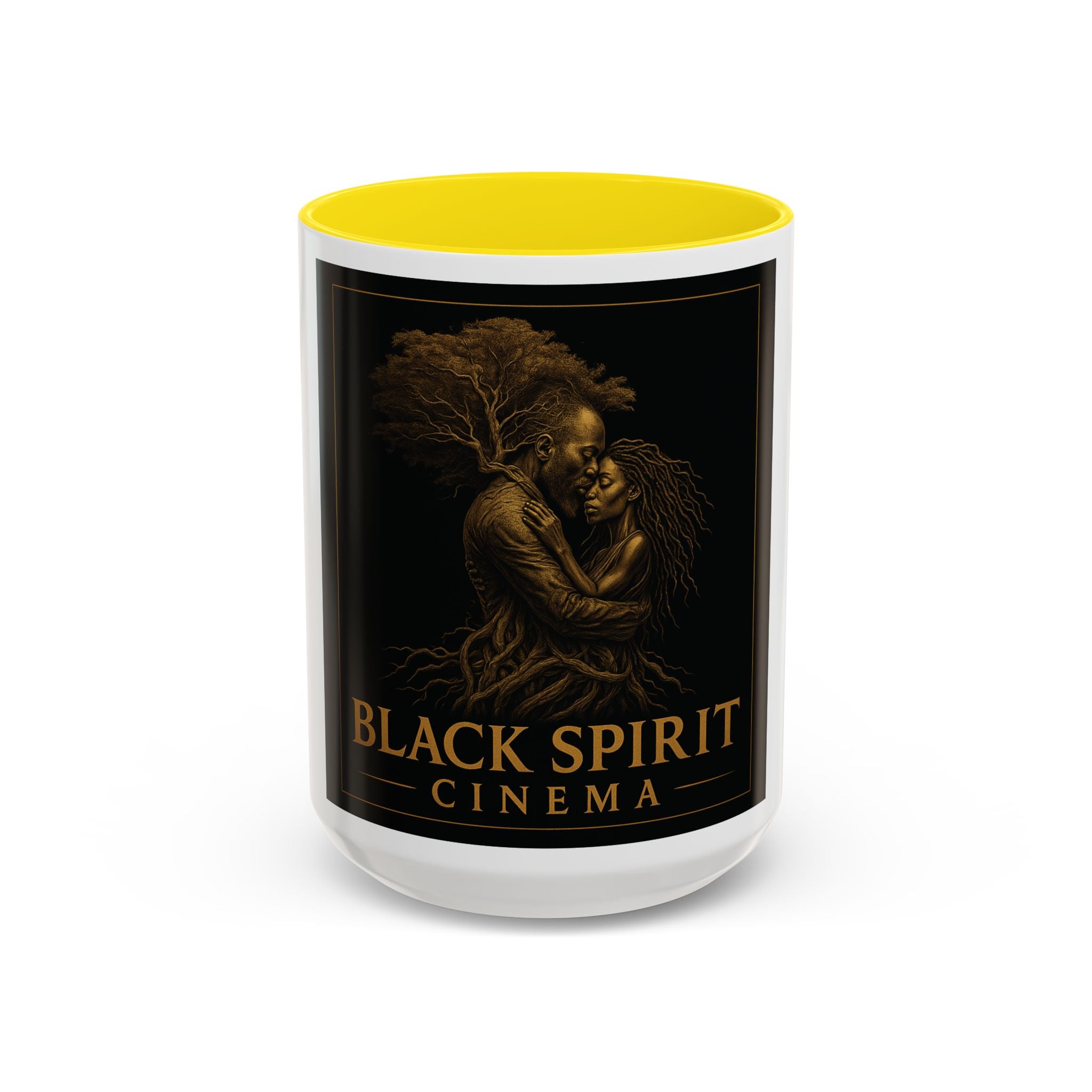 Black Spirit Cinema Accent Coffee Mug — Afrocentric Couple Art (11/15oz)