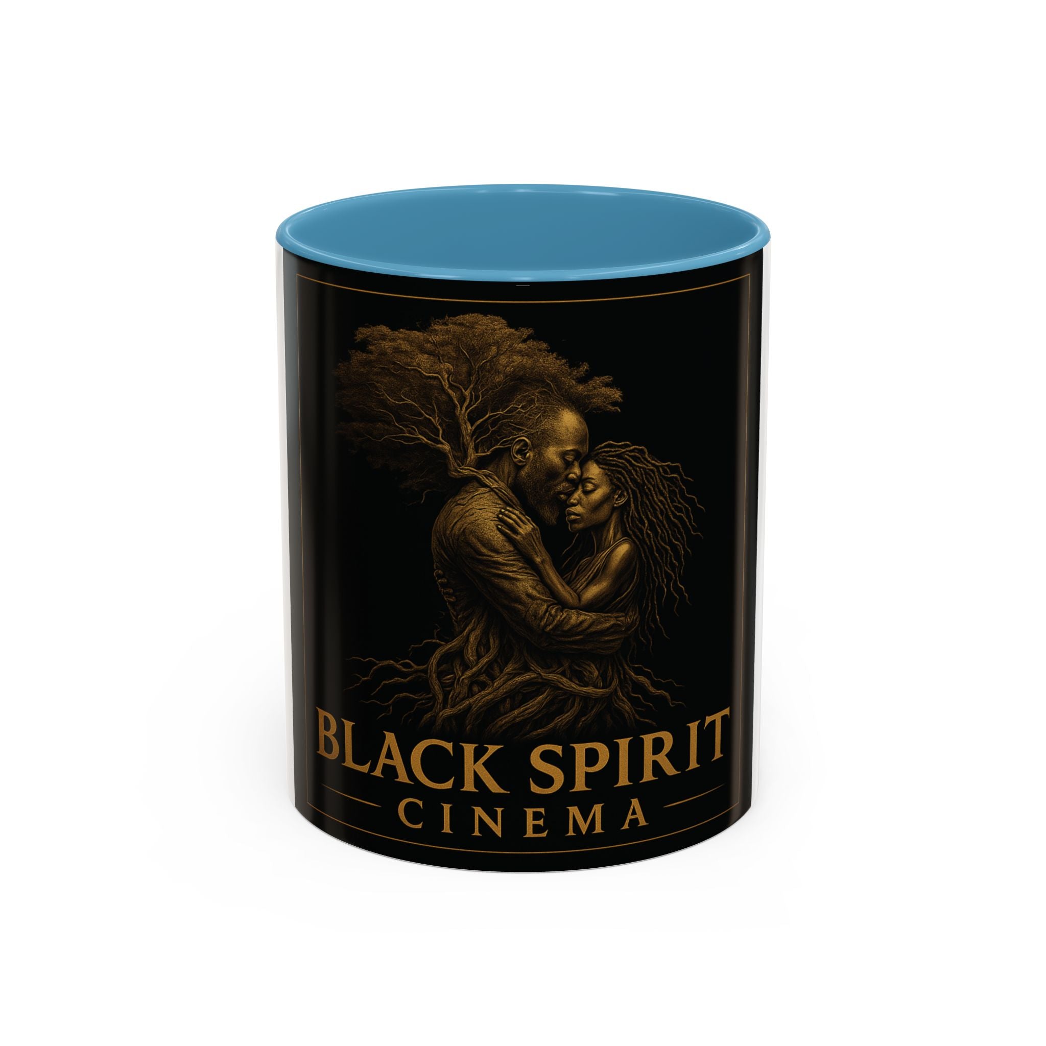 Black Spirit Cinema Accent Coffee Mug — Afrocentric Couple Art (11/15oz)
